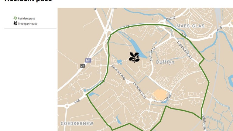 A map showing which area is covered by the local residents pass at Tredegar House, Newport